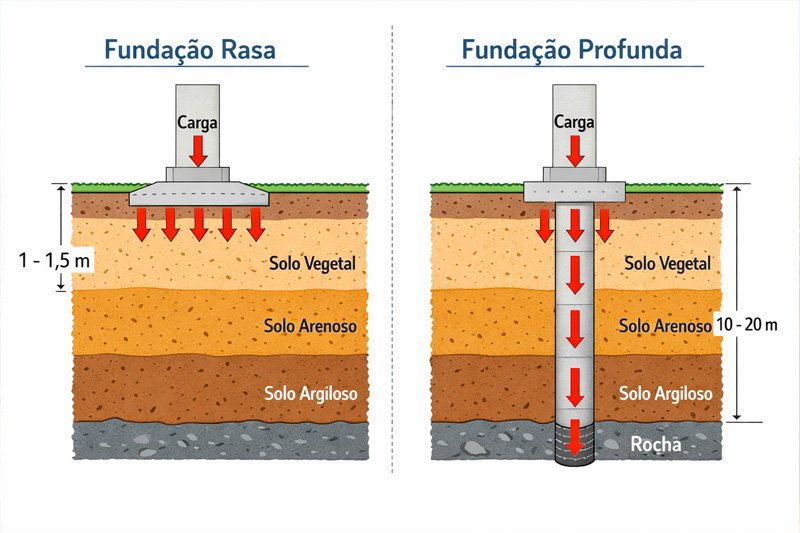 Diagrama comparando fundação rasa e profunda em corte transversal
