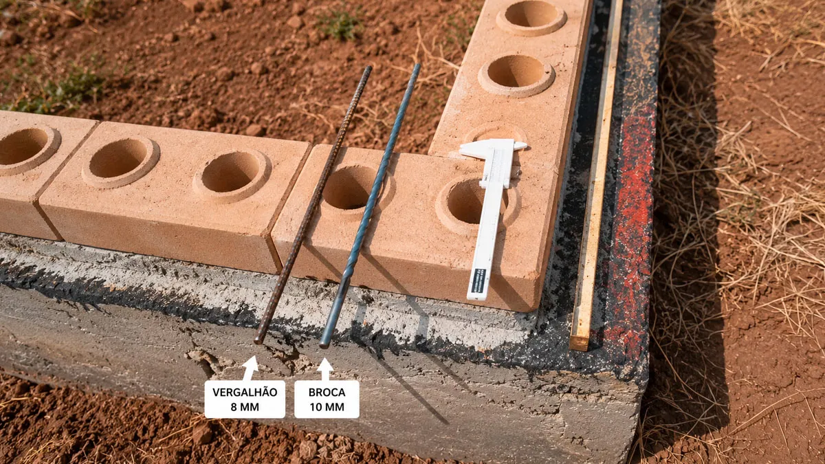 Broca SDS para concreto posicionada ao lado de vergalhão ø8mm mostrando diferença de diâmetro