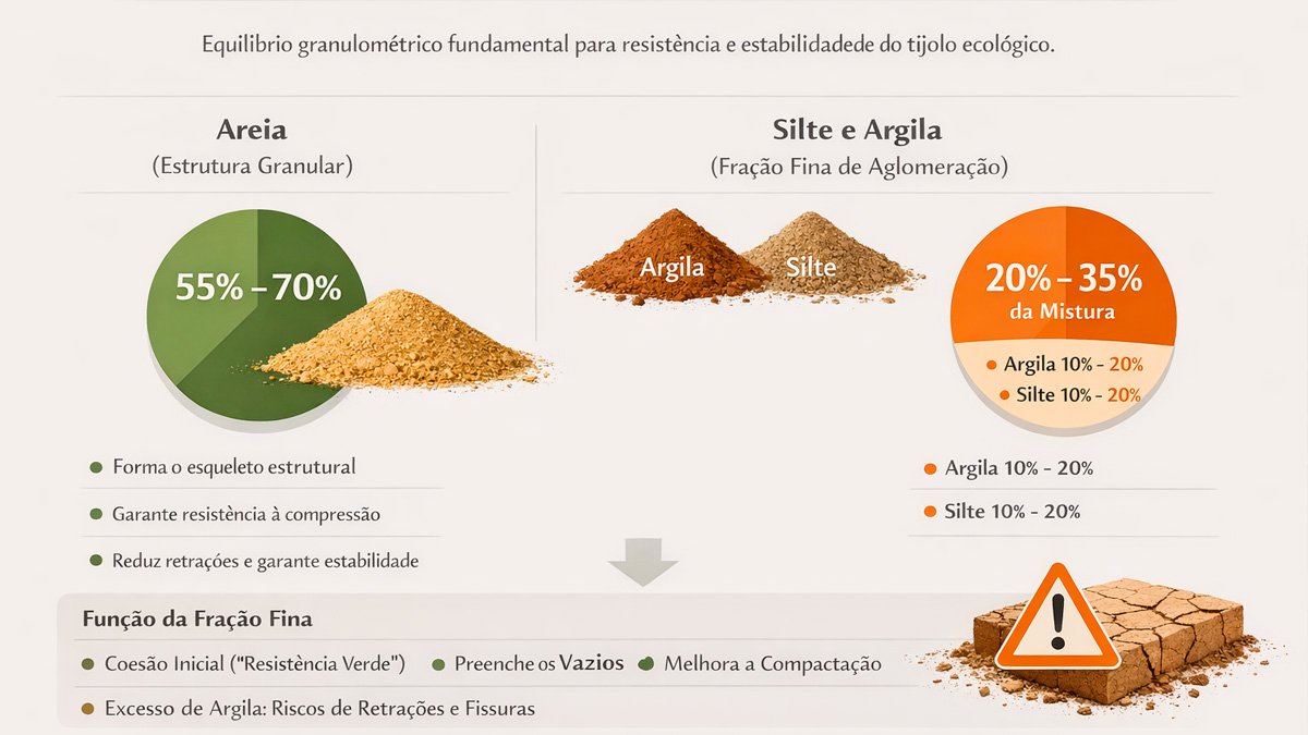 Infográfico sobre a granulometria do solo ideal para tijolos ecológicos