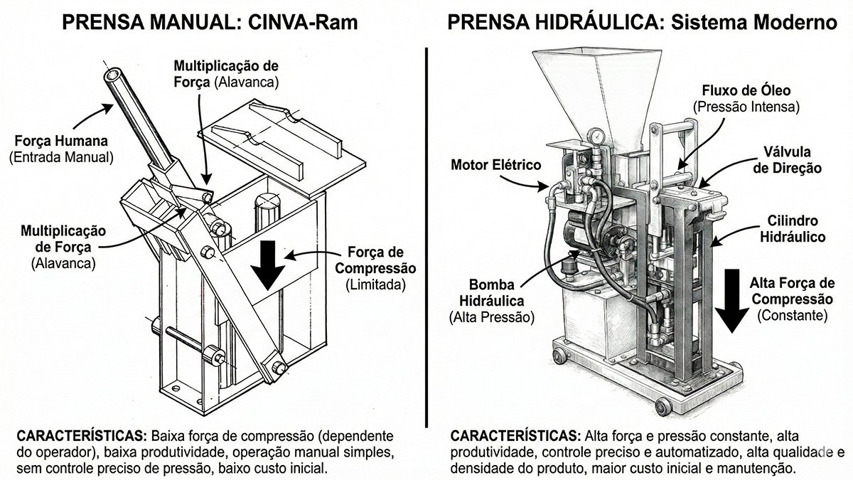 Infográfico mostrando o diagrama de forças da CINVA-Ram vs. o sistema de válvulas de uma prensa hidráulica moderna