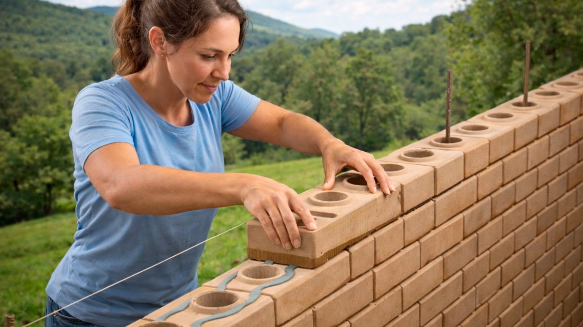 Dona de casa levantando as paredes com Tijolo Ecológico