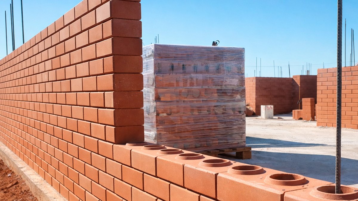 Obra em andamento mostrando as paredes de tijolo ecológico com barras de aço inseridas nos furos verticais, prontas para receber o graute
