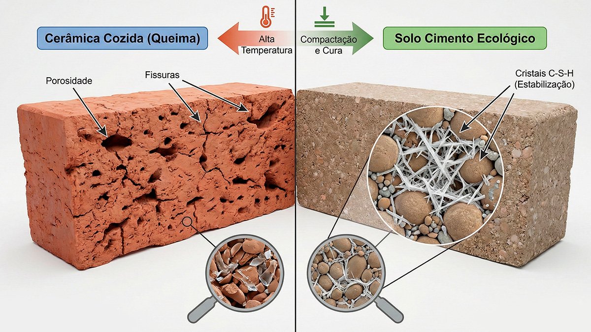 Infográfico comparativo mostrando a composição química e estrutural: solo-cimento vs. bloco cerâmico cozido