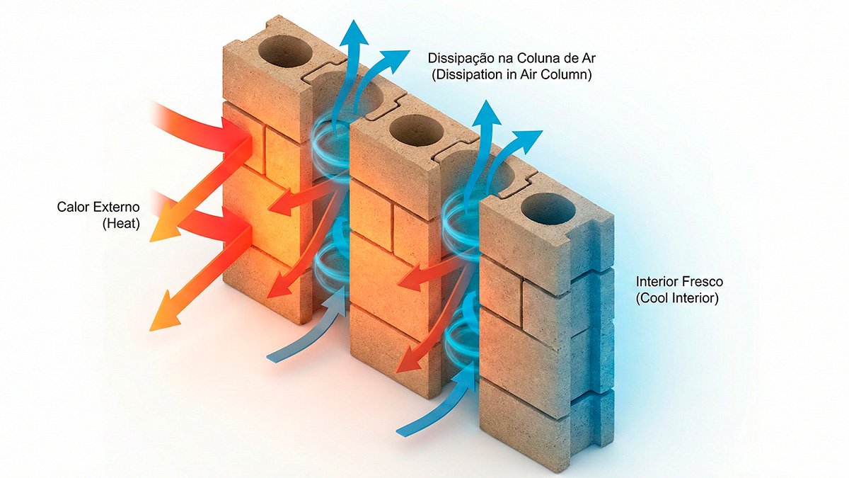 Diagrama de fluxo de calor comparando uma parede maciça e uma parede de tijolo ecológico com furos
