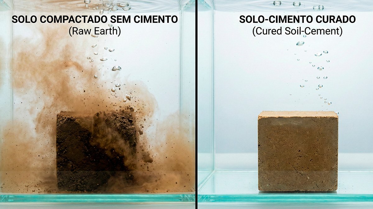 Macro comparativa: À esquerda, solo puro desmanchando na água. À direita, corpo de prova de solo-cimento intacto após submersão
