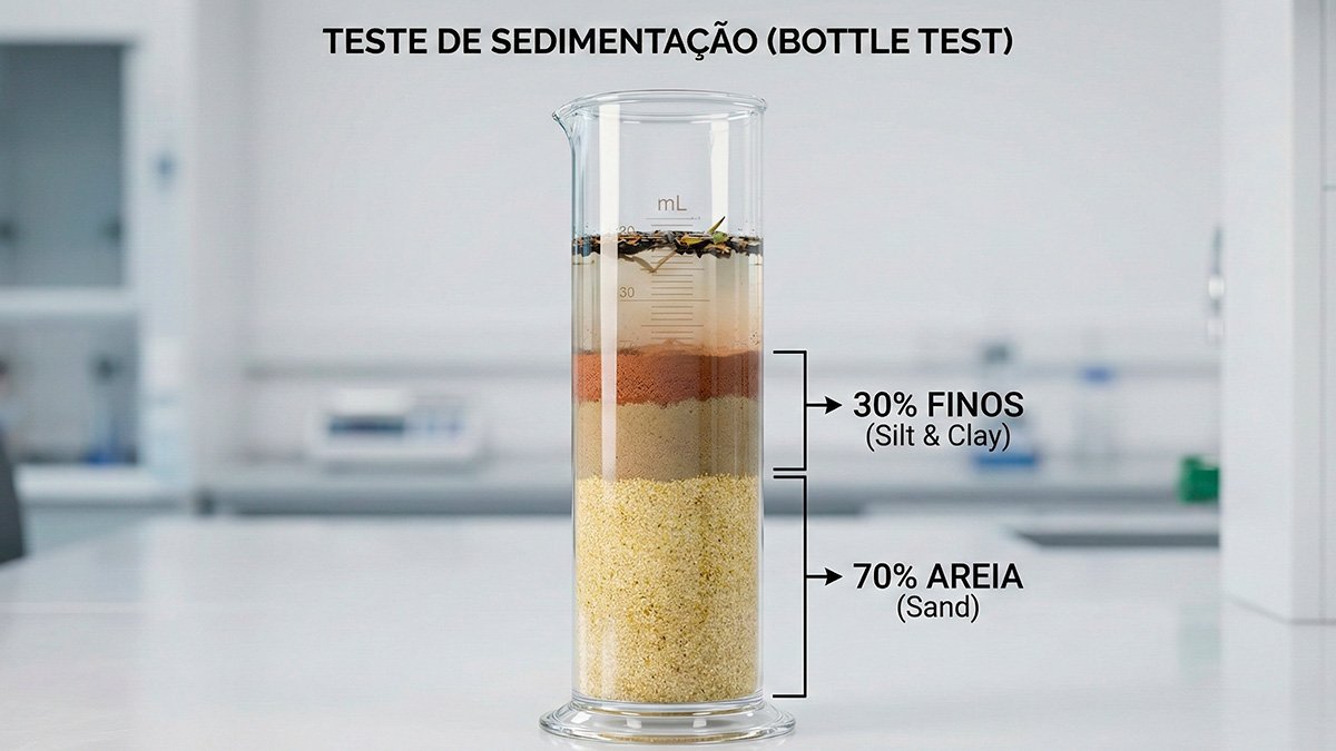 Infográfico mostrando a separação granulométrica do solo em uma proveta: Camada de areia no fundo, silte no meio, argila no topo e água turva com matéria orgânica flutuando
