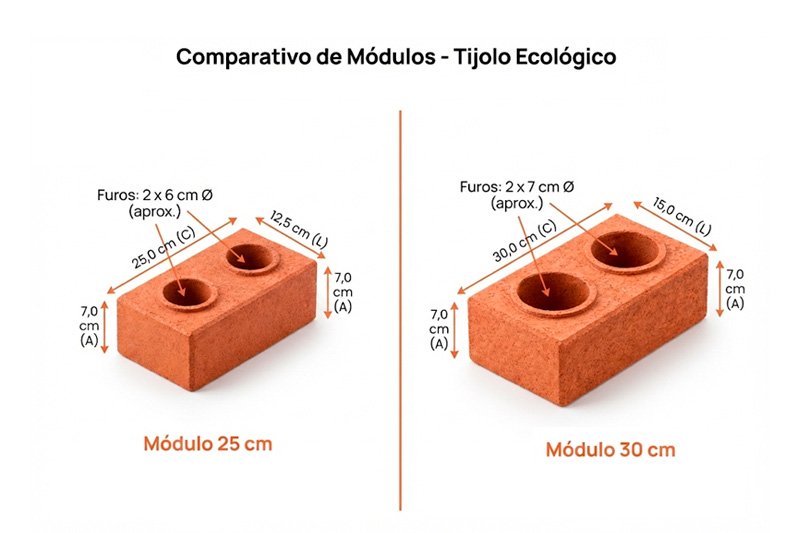 Comparação entre módulos de tijolo ecológico 25×12,5×7 cm e 30×15×7 cm